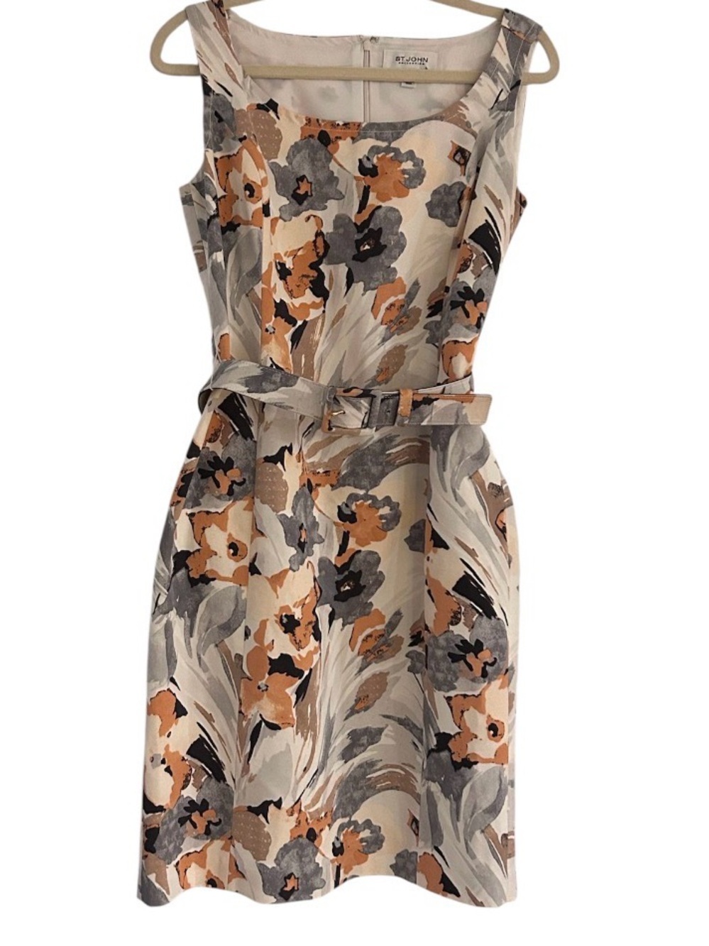 St. John Collection Dress Size 8 Knee Length Belted Floral Sleeveless Silk Blend